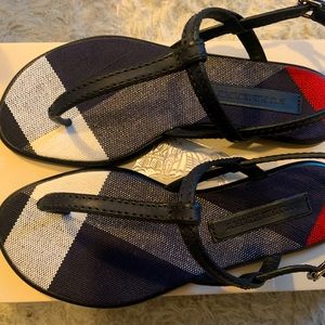 Burberry Brit Canvas and Leather Flat Thonged Sandal, Navy, US 6.5 / EUR 37